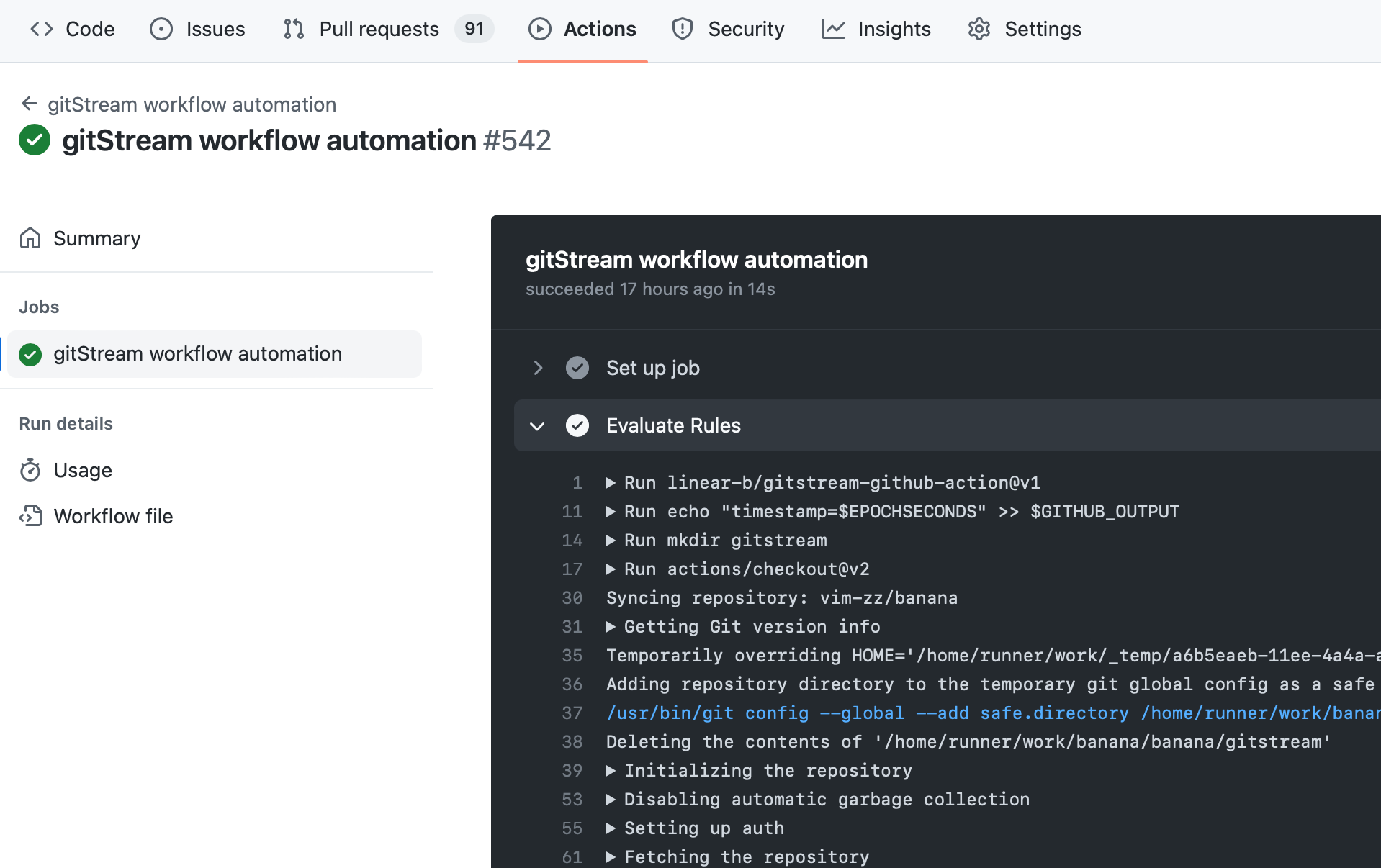 GitHub action log